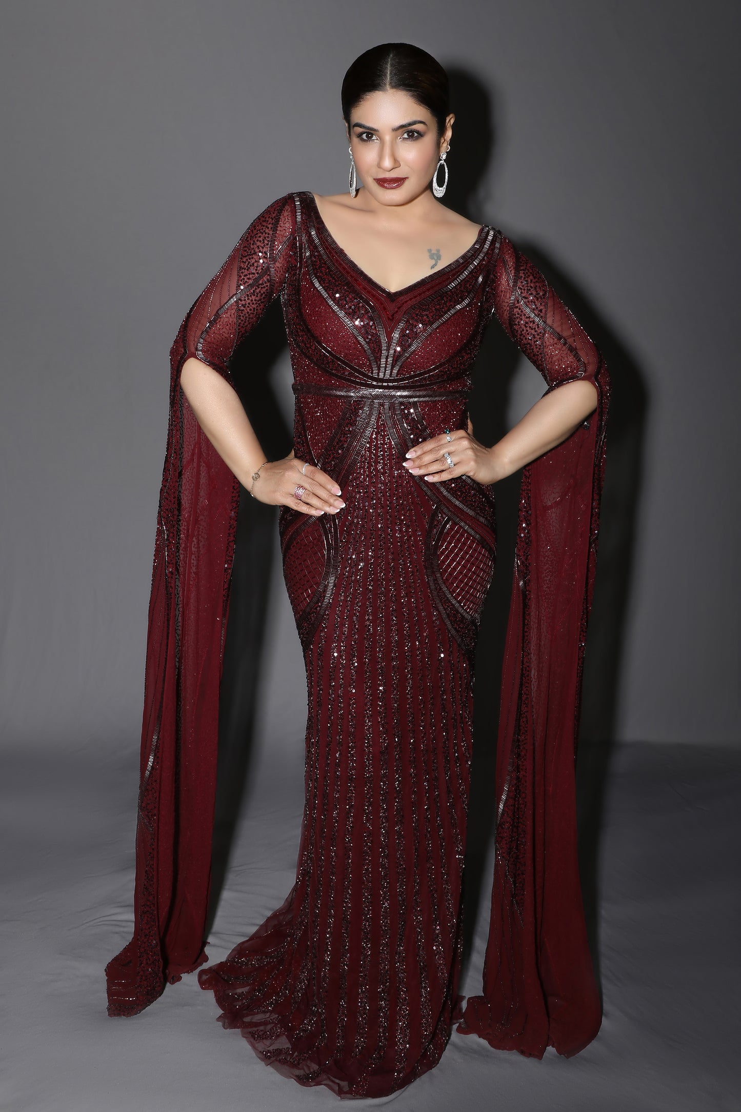 RAVEENA TANDON IN BURGUNDY SLEEVES GOWN
